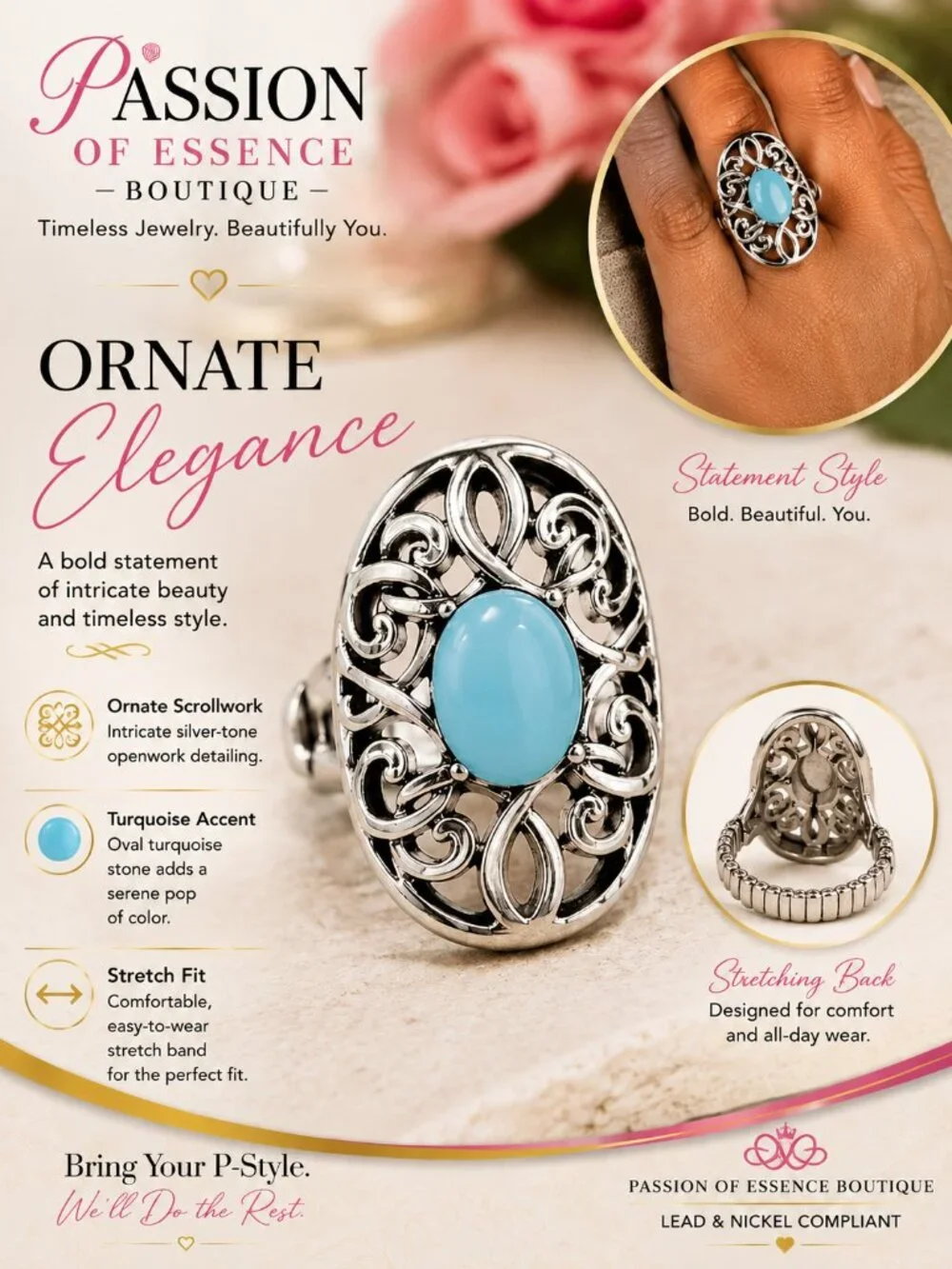 Turquoise Elegance Silver-Tone Filigree Stretch Ring